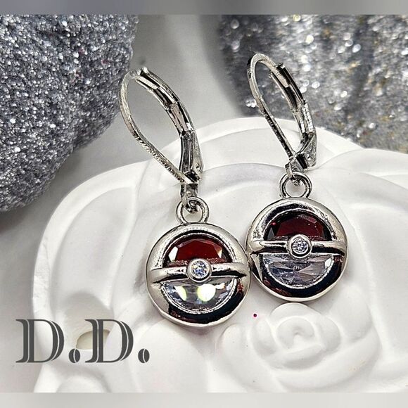 White & Red Diamond Earrings on 925 Sterling Silver -  Women's - Picture 4 of 7